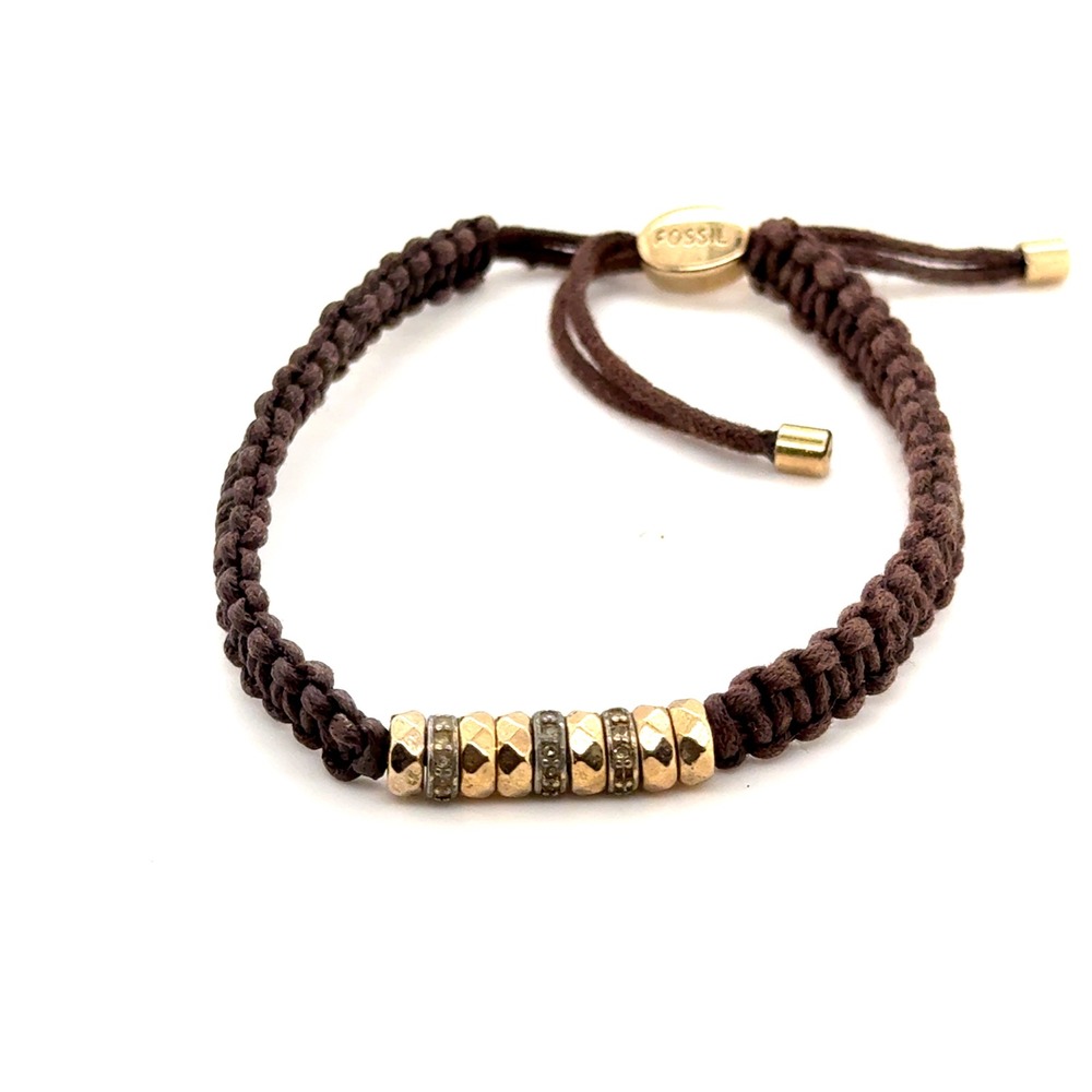 Fossil Brown Braided Cord Adjustable Bracelet Gold Tone Pave Crystal Beads